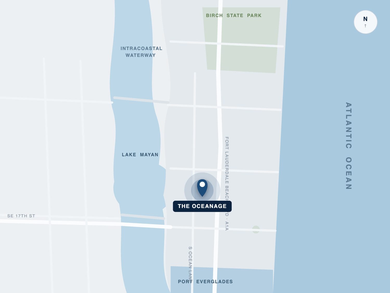 Locator map: the Oceanage on South Ocean Lane, between the Atlantic Ocean and Lake Mayan, south of Las Olas Isles and north of Port Everglades.